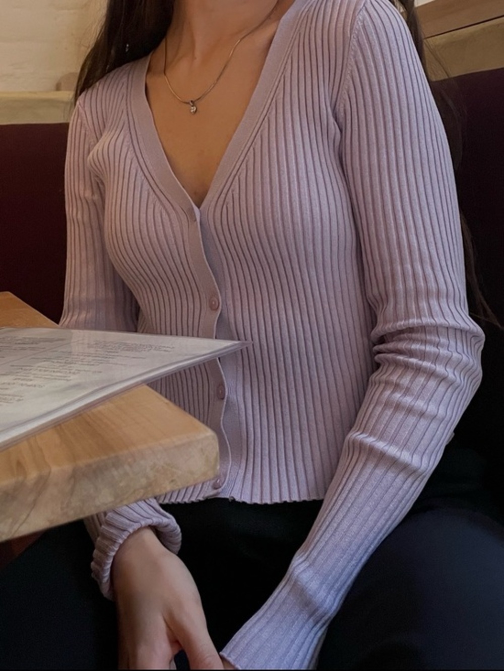 H&M Ribbed V-Neck Button Cardigan - Light Lavender